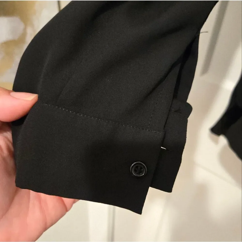 Pleione High Low Black Long Sleeve Button Up Blouse With Back Pleated Detail - Picture 3 of 10